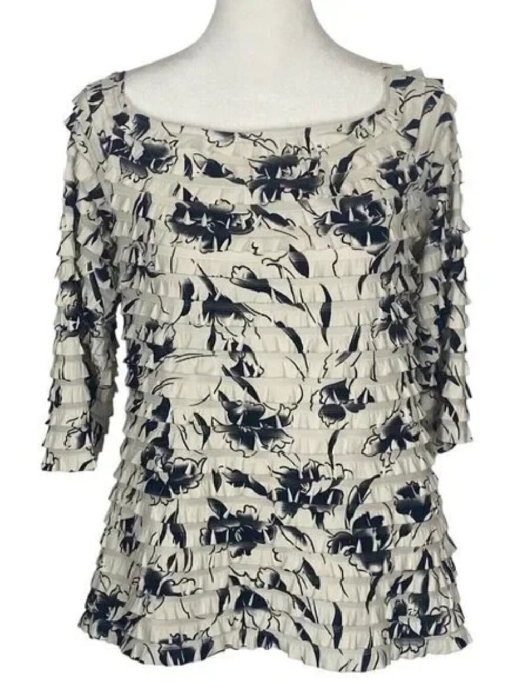 FRANK LYMAN Layered Ruffle‎ Square Neck 3/4 Sleeve Top Sz 14 White Black 66-6